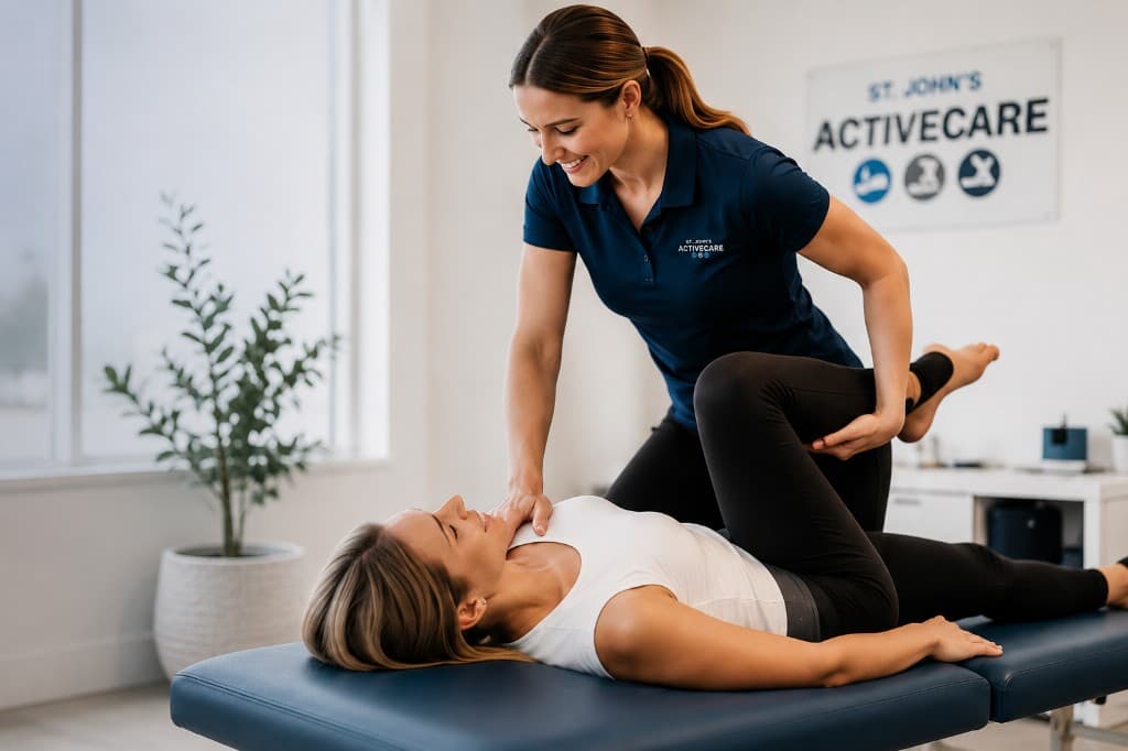 A St. John's Active Care practitioner treating a patient on a clinic table in Aurora